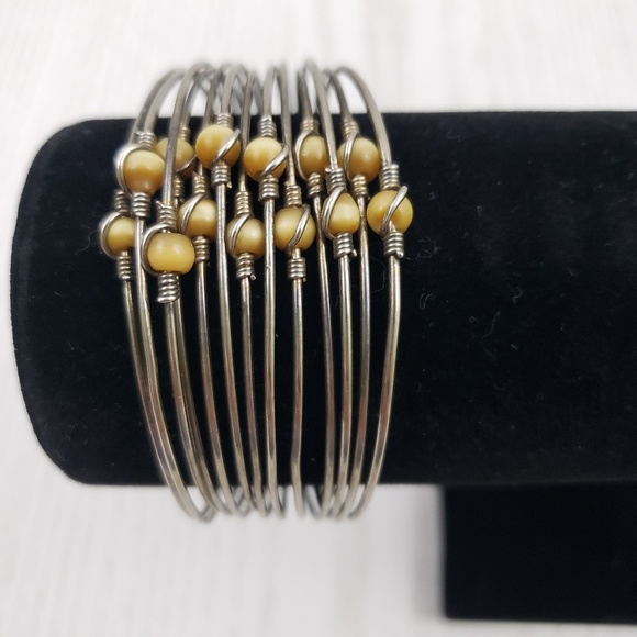 Jewelry - Silver Tone Cuff Bracelet Multi Wire Glass Beads